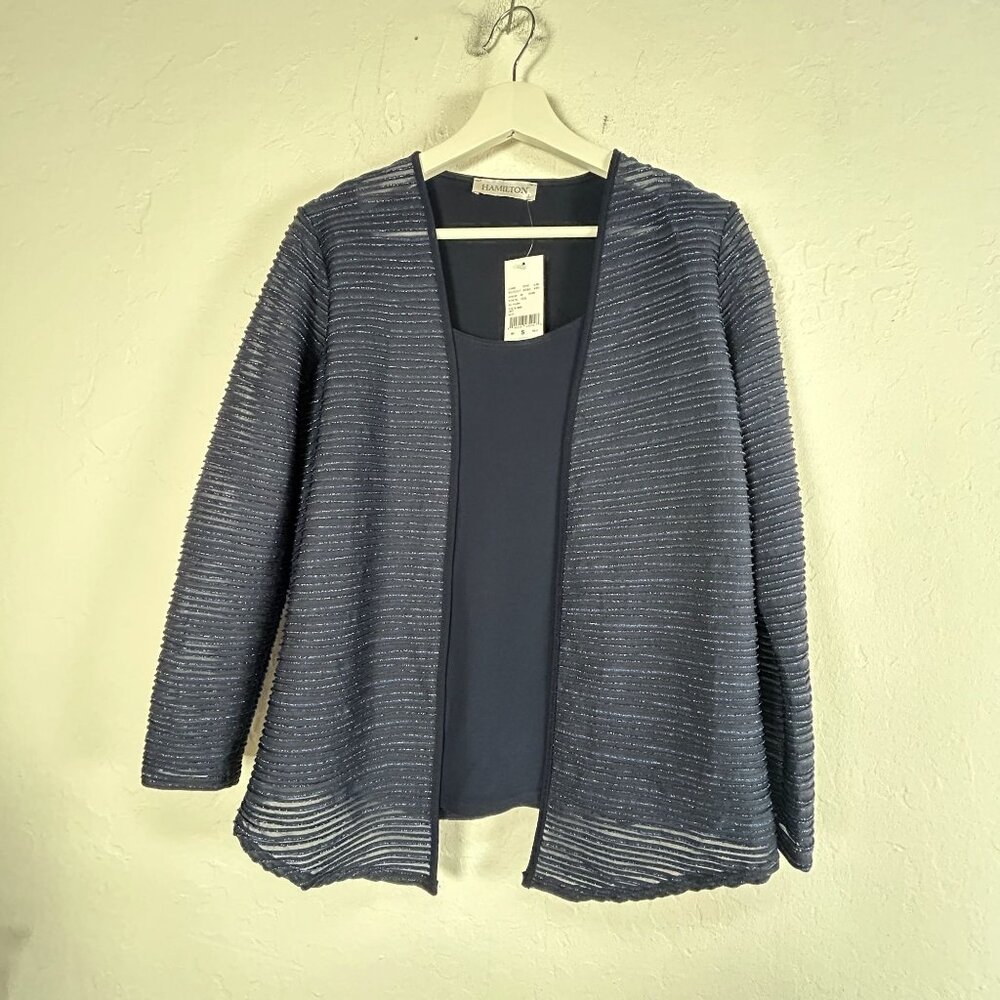 Hamilton Womens Textured Cardigan Top Twin Set Navy Blue Size Small Stretch New